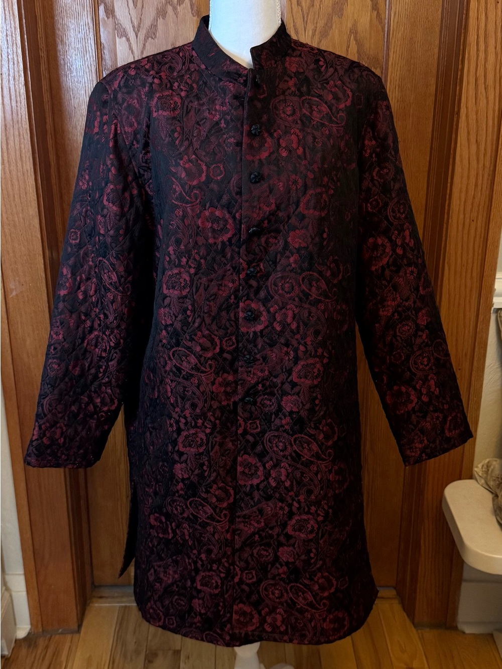 Laura Ashley Black & Burgundy Floral Brocade Long Coat